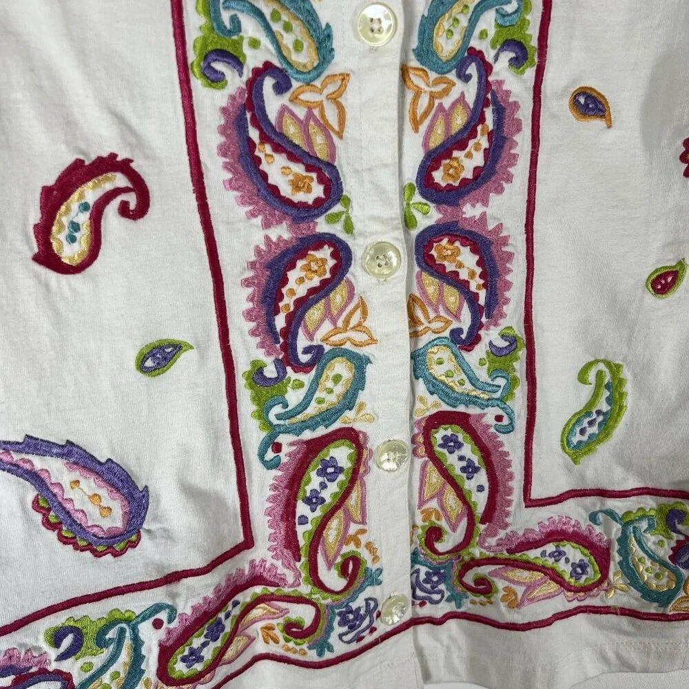 MICHAEL SIMON Vintage White Embroidered Paisley Longsleeve Cotton Cardigan Small